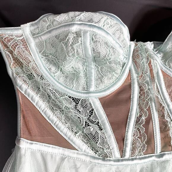 For Love & Lemons Bustier Hi Low Gown Blue‎ Tulle Tiered Strapless Dress Sz S - Picture 8 of 14